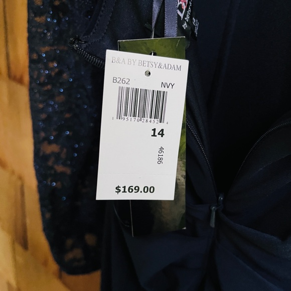 B&A By Betsy & Adam Lace-Sleeve Square-Neck Gown Women's 14 Navy Zip Closure~ - Picture 13 of 15